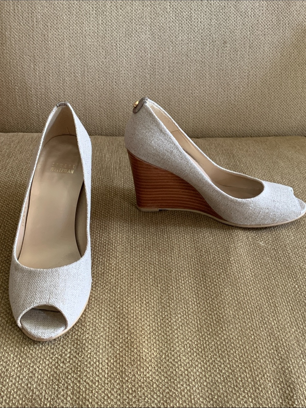 Stuart Weitzman Cream Peep-Toe Linen Wedges, Size 8M